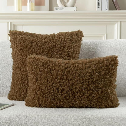 FUTEI Brown Decorative Throw Pillow Covers 26x26 Inch Set of 2,Soft Fluffy Faux Wool Fur Boucle Textured Pillow Shams,Modern Home Decor for Couch Bed Living Room Office