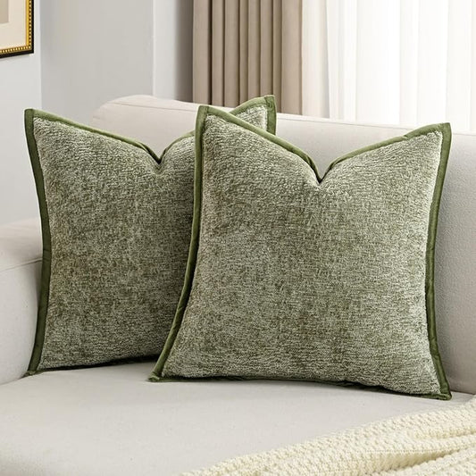 FUTEI Sage Green Chenille Throw Pillow Covers 22x22 Inch Set of 2,Soft Cozy Bound Edge Design Cushion Case,Home Decor for Couch Bed Living Room