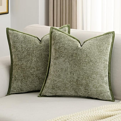 FUTEI Sage Green Chenille Throw Pillow Covers 18x18 Inch Set of 2,Soft Cozy Bound Edge Design Cushion Case,Home Decor for Couch Bed Living Room