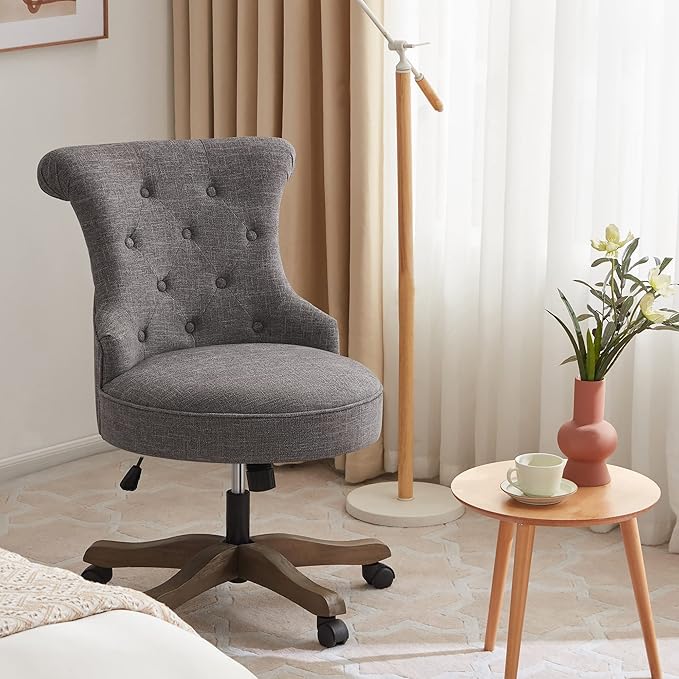 Home Office Chair Adjustable Height Swivel Chair with Wheels Linen Fabric Upholstered Computer Desk Chair with Wooden Legs Comfortable Armless Chair for Home Office Study Studio(Grey)