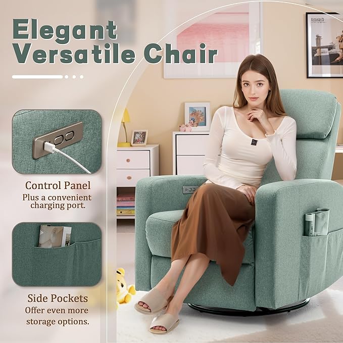 Power Swivel Recliner Chairs for Adults, Electric Glider Rocking Chair Nursery, Glider Recliner Nursery Chair with Classified Side Pocket, Nursery Rocking Chairs with USB and Type-C Ports