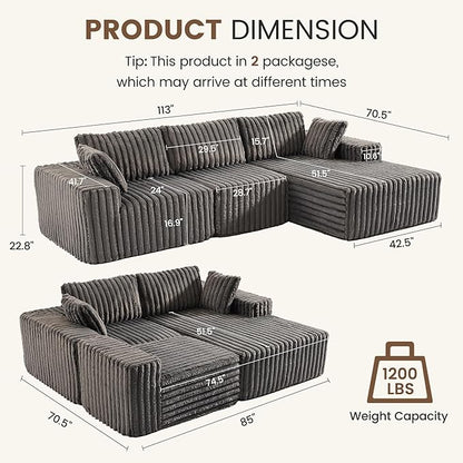 Apicizon 113" Modular Sectional Couch for Living Room, L Shaped Sectional Sofa Couch with Deep Seat, 3 Seat Boneless Sofa with Chaise Longue for Apartment，No Assembly Required (Plush Corduroy Gray)
