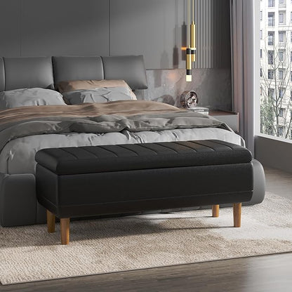 VECELO 44.5" Ottoman with Storage, Storage Ottoman Bench with 2 Gas Spring Lid Supports, PU Leather Upholstery, Solid Wood Legs, Black Shoe Bench for Bedroom, Living Room, Entryway