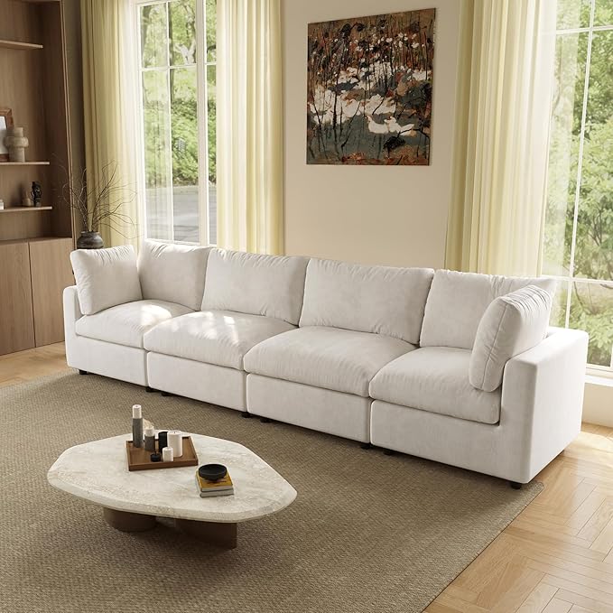 WJShome Modern Sectional Sofa 134 Inch 4-Seater Cloud Couch with Chenille Deep Seat Couches for Living Room, Bedroom and Apartment，Beige