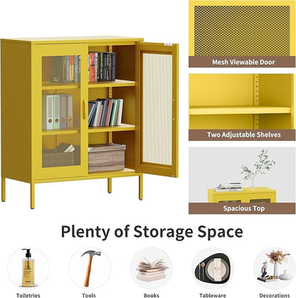 Metal Storage Cabinet with Mesh Doors,Steel Display Cabinet with Adjustable Shelves,Metal Office Storage Locker for Home Office,Garage(Yellow, 40''H)