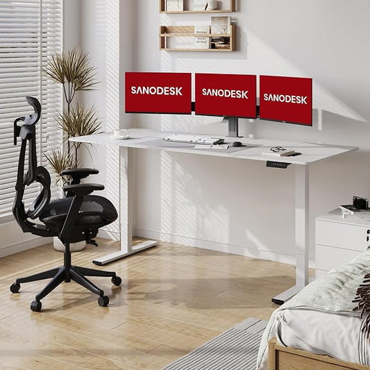 SANODESK Electric Standing Desk 79x32 Inch Height Adjustable Stand Up Desk Home Office Computer Workstation Sit Stand Home Office Desk with Splice Board (White Frame + White Top)