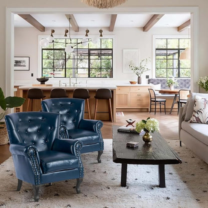 MOJAY PU Leather Accent Chair Set of 2, Mid-Century Modern Armchair Living Room Club Chair with Tufted Button & Rivet Trim, Upholstered Sofa Chair with Sturdy Wood Legs for Bedroom (Navy)