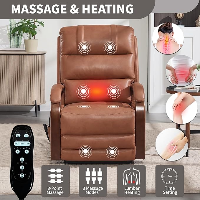Dual Motor Recliner Lift Chair with Heat and Massage, Heavy Duty Leather Power Lift Recliner Chair Idea Gifts for Seniors, Stand Assistance, Orange