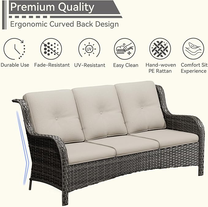Wicker Patio Furniture Set 6 Piece, Outdoor Furniture Patio Conversation Set Includes 1 Three-Seat Sofa, 2 Swivel Rocker Chairs, 2 Ottomans and 1 Side Table,Beige