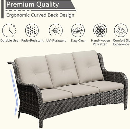 Wicker Patio Furniture Set 6 Piece, Outdoor Furniture Patio Conversation Set Includes 1 Three-Seat Sofa, 2 Swivel Rocker Chairs, 2 Ottomans and 1 Side Table,Beige