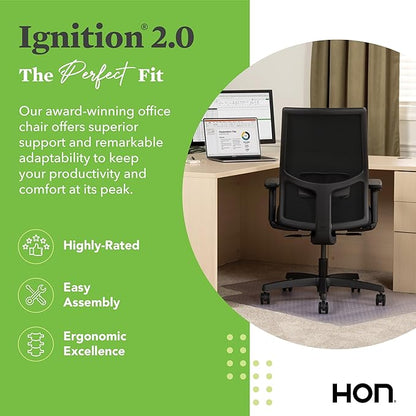 HON Ignition 2.0 Mid Back Task Chair, Standard Synchro-Tilt Control, Office Chair with Lumbar Support, Height and Width Adjustable Arms, Black Frame, Black
