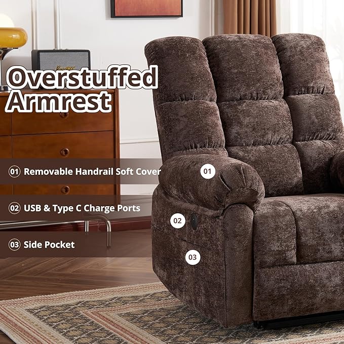 Oversized Power Lift Recliner Chair for Elderly, Electric Lift Chair with Masssage and Heat, Overstuffed Power Recliner for Adults, 3 Positions,USB Ports, Side Pockets, Coffee