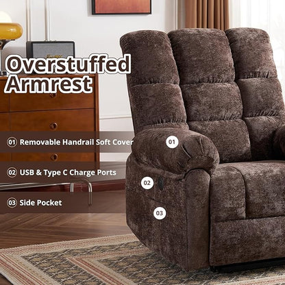 Oversized Power Lift Recliner Chair for Elderly, Electric Lift Chair with Masssage and Heat, Overstuffed Power Recliner for Adults, 3 Positions,USB Ports, Side Pockets, Coffee