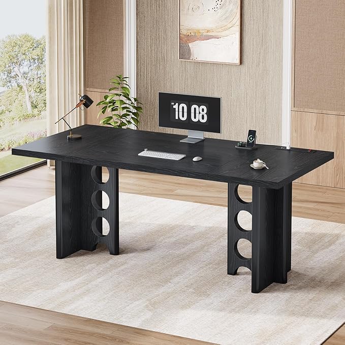 63 Inch Executive Desk, Large Computer Office Desks with Power Outlet, Modern Laptop Desk Writing Table Workstation Business Furniture (Black)