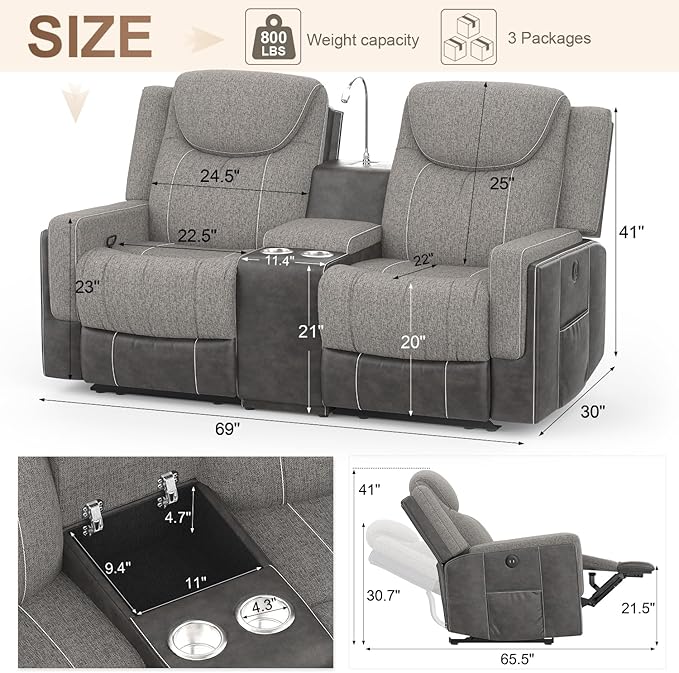 Loveseat Recliner Sofa Set, Manual Reclining Loveseat Sofa with Reading Light, Storage Console, Cup Holders, USB Ports, Grey Linen-Blend Fabric & PU Leather, Living Room Furniture Set
