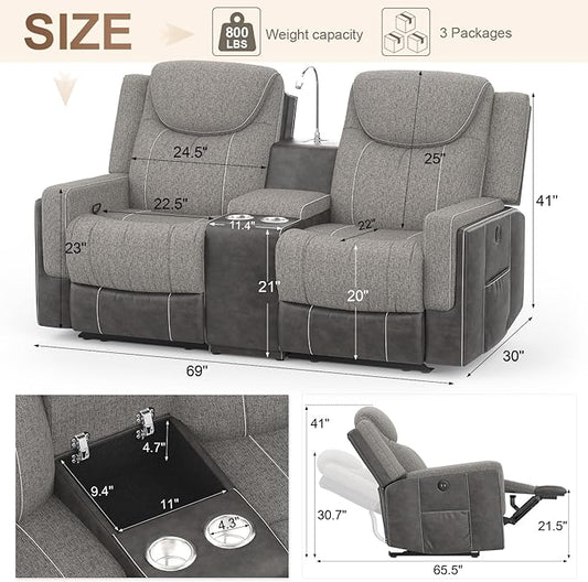 Loveseat Recliner Sofa Set, Manual Reclining Loveseat Sofa with Reading Light, Storage Console, Cup Holders, USB Ports, Grey Linen-Blend Fabric & PU Leather, Living Room Furniture Set
