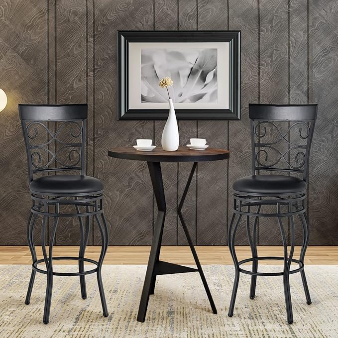 COSTWAY Bar Stools Set of 2, 360 Degree Swivel, 30" Bar Height Bar Stools, Leather Padded Seat Bistro Metal Bar Chairs with Back for Kitchen Island, Pub (Set of 2)