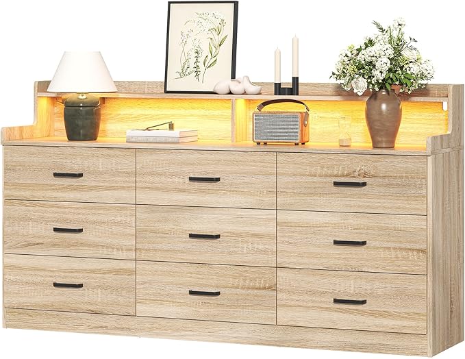 Bigbiglife 9 Drawer Dresser with Built-in Power Outlet, Mid Century Modern Chest of Drawers for Bedroom,63'' Triple Wide Dresser Storage Cabinet for Closet, Living Room, Entryway,Light Wood