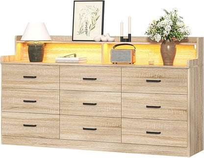 Bigbiglife 9 Drawer Dresser with Built-in Power Outlet, Mid Century Modern Chest of Drawers for Bedroom,63'' Triple Wide Dresser Storage Cabinet for Closet, Living Room, Entryway,Light Wood