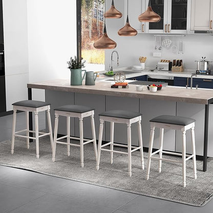 COSTWAY Upholstered Bar Stools Set of 2, 29-Inch Backless Counter Height Dining Stools with Delicate Wood Carving, Footrest, Solid Rubber Wood Frame, Farmhouse BarStools for Kitchen Island Bar, White