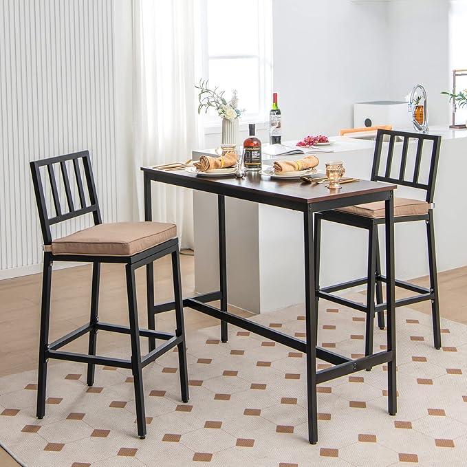 COSTWAY 2 PCS Patio Bar Chairs, Heavy-Duty Metal Frame Bar Stools Set of 2, Indoor Outdoor All-Weather Resistant Barstools with Detachable Cushion & Footrest, for Patio, Garden, Poolside