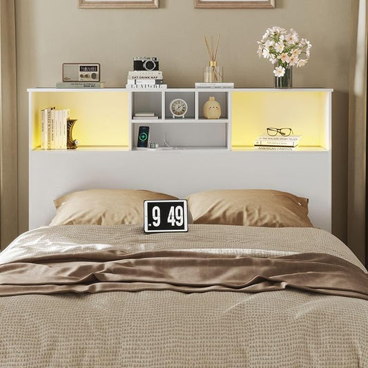 Apicizon 65" Queen Size Storage Headboard, Wood Headboard with Charging Station, Queen with Power Outlets, Ajustable LED Lights for Bedroom, White