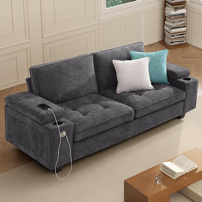 84" Loveseat Couch for Living Room,Modern Chenille Upholstered Sofa with Adjustable Storage Armrest,Cup Holders,USB & Type-C Ports,Solid Wood 2-Seater Loveseat Sofa for Apartment(Deep Gray)