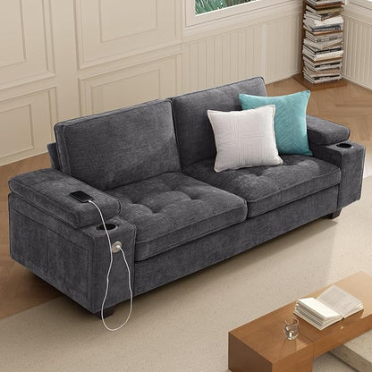 84" Loveseat Couch for Living Room,Modern Chenille Upholstered Sofa with Adjustable Storage Armrest,Cup Holders,USB & Type-C Ports,Solid Wood 2-Seater Loveseat Sofa for Apartment(Deep Gray)