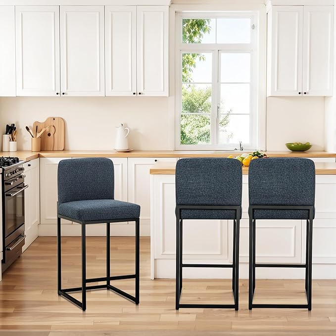 ALPHA HOME 24" Bar Stools Set of 4 Kitchen Counter Stools with Back, Counter Height Stools with Upholstered Footrest for Kitchen Island, Metal Steel Frame, Chenille, Blue