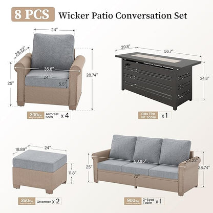 Patio Furniture Set 8 pcs, Wicker Rattan Outdoor Furniture with 5.5” Thick Cushions, 3-Seat Sofa, 4 Chairs, 2 Ottomans and 56" Fire Pit Table, Outdoor Conversation Set for Backyard Deck, 9 Seats Grey