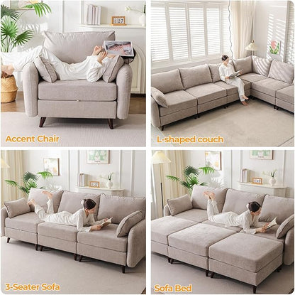 135'' Modular Sectional Sofa with Storage Seat,Oversized L Shaped Couch,6 Seater Couches for Living Room,Bedroom,Velet,Khaki