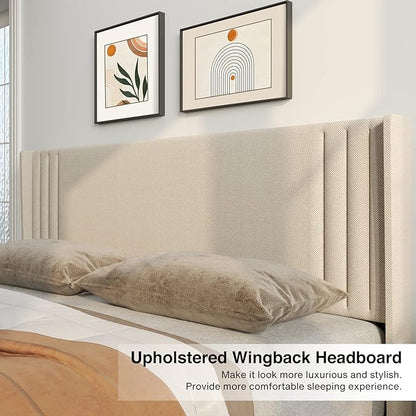Gizoon Queen Bed Frame with Wingback Headboard, Upholstered Platform Bed, Wooden Slats, Noise-Free, No Box Spring Needed, Easy Assembly