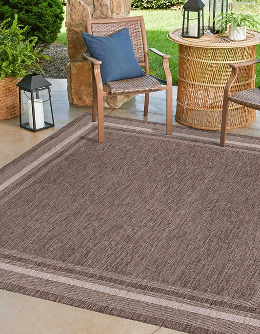 Unique Loom Outdoor Border Collection Area Rug - Soft Border (6' 1" Square Brown/Ivory)