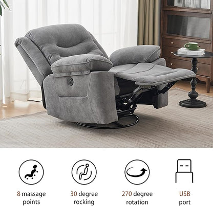 Power Swivel Rocker Recliner with Massage and Heat, USB Port, Infinite Position, Oversized Electric Glider Rocking Chairs Living Room, Soft Fabric Reclining Sofa Chair(Misty Gray)