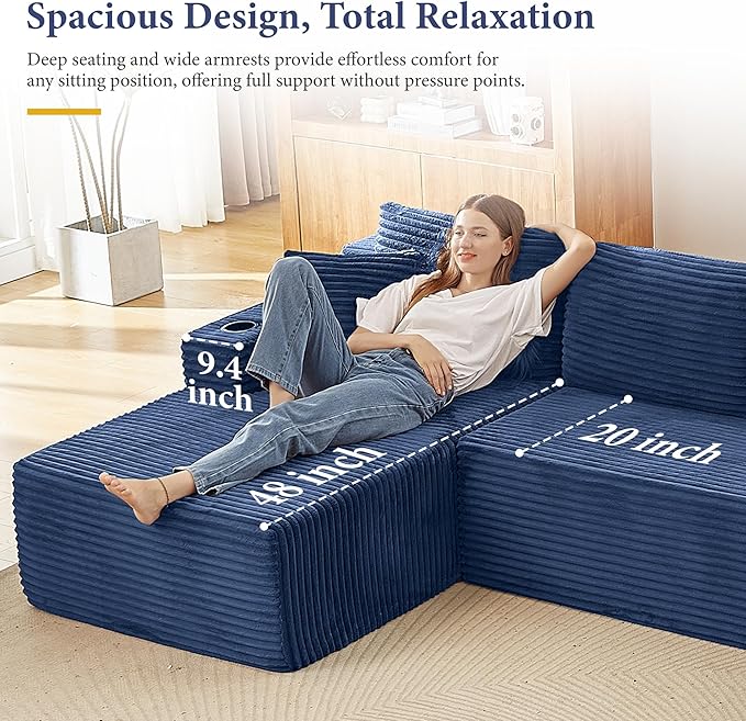 134''Oversized Modular Sectional Sofa Boneless Cloud Couch with Chaise Comfy Sectional Couches for Living Room,Bedroom,Apartment (Blue, 134''W U-Shaped)