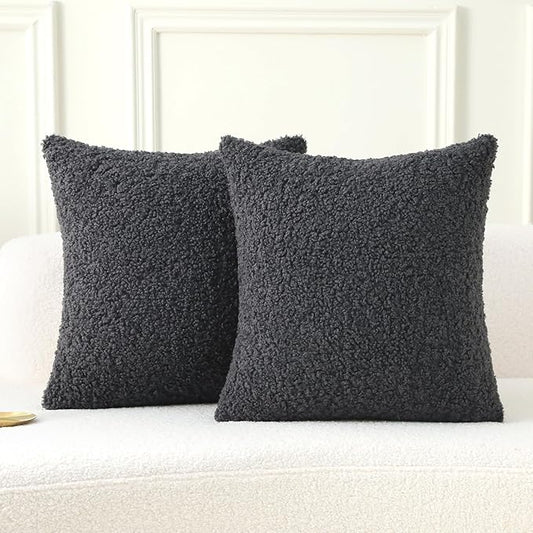 FUTEI Charcoal Throw Pillow Covers 26x26 Inch Set of 2,Furry Faux Fur Teddy Boucle Textured Cushion Covers,Soft Fluffy Decorative Euro Pillow Shams,Home Decor for Couch Bed Living Room Office Car