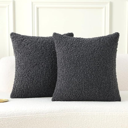 FUTEI Charcoal Throw Pillow Covers 24x24 Inch Set of 2,Furry Faux Fur Teddy Boucle Textured Cushion Covers,Soft Fluffy European Pillow Shams,Home Decor for Couch Bed Living Room Office Car
