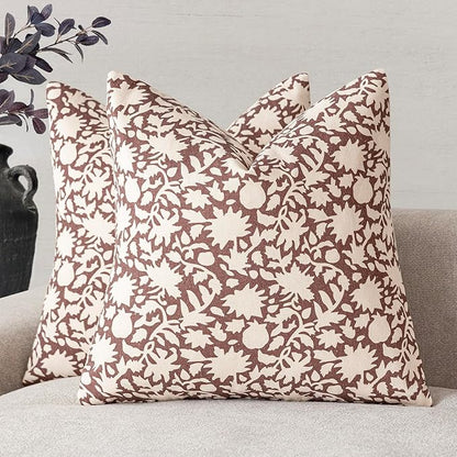 Foindtower Set of 2 Decorative Neutral Floral Throw Pillow Covers Accent Farmhouse Cushion Covers Boho Vintage Pillowcase for Couch Sofa Bedroom Living Room Home Decor,22×22 Inch,Wine Red
