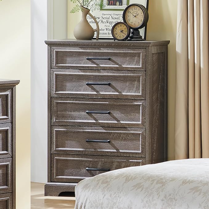 ACCOHOHO Farmhouse 5 Drawers Dresser Chests for Bedroom,46" Tall Wood Rustic Chest of Drawers with Wide Metal Handle,Natural Texture,Drawer Organizer for Bedroom,Living Room,Hallway and Entryway,Grey