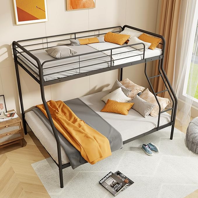 Giantex Metal Bunk Beds Twin Over Full Size, Heavy Duty Bunk Bed for Teens Adults with Ladder & Guardrails, Space Saving Metal Bunk Bed for Dorm, Bedroom, Apartment, No Box Spring Needed (Black)