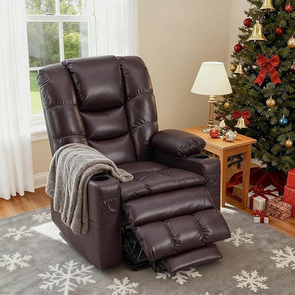 MCombo Large Triple Motor Power Lift Recliner Chair with Massage and Dual Heating, Adjustable Headrest for Tall Elderly People, Faux Leather 7634 (Dark Brown, Large)