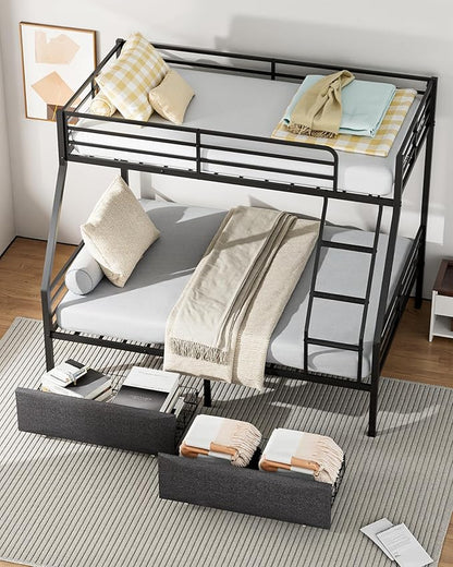 Bunk Beds Twin Over Full Size, Heavy Duty Bunk Beds with 2 Storage Drawers, Safety Guardrails & Padded Ladder, Twin Over Full Bunk Bed, No Box Spring Needed, Black
