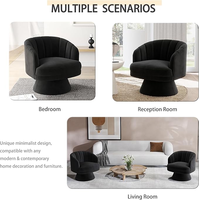 Swivel Accent Chair Set of 2,Upholstered Velvet 360° Swivel Barrel Chair for Living Room Overstuffed Bouncle Reading Chair Round Armchair for Bedroom,Vanity,Office (Black)