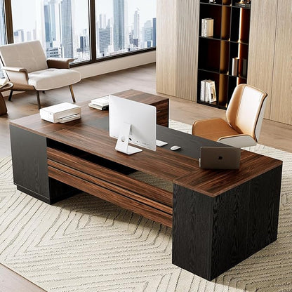 LITTLE TREE 78.7 Inches Modern Executive Desk with File Cabinet, Extra Large L Shaped Home Office Desk with Drawers, Professional Spacious Workstation for Home Office (Brown & Black)