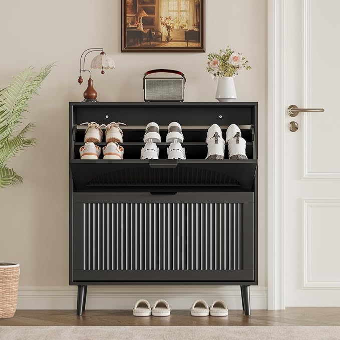 Shoe Cabinet for Entryway with 2 Flip Drawers, Slim Wooden Shoe Storage Organizer with Modern Fluted Pannel，Freestanding Narrow Hidden Shoe Rack for Hallway, Foyer, Living Room