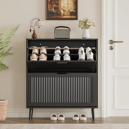 Shoe Cabinet for Entryway with 2 Flip Drawers, Slim Wooden Shoe Storage Organizer with Modern Fluted Pannel，Freestanding Narrow Hidden Shoe Rack for Hallway, Foyer, Living Room