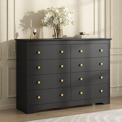Black Dresser for Bedroom, 8 Drawer Dresser with Large Drawers, 55 Inch Wide Wood Chest for Living Room, Hallway