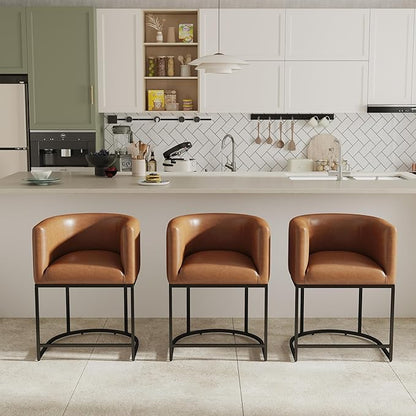 PU Leather Bar Stools Set of 3, Modern Upholstered Counter Height Bar stools 24" Leather Barstools Barrel Kitchen Counter Island Stools with Black Metal Base, Brown