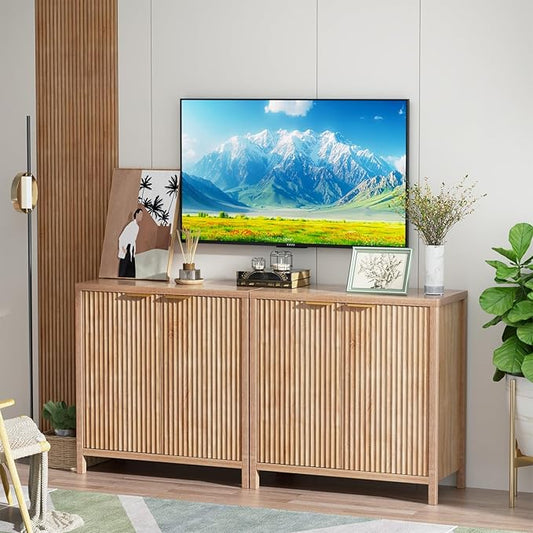 Sideboard Buffet Cabinet Set of 2, 31" Storage Cabinet with 2 Doors and Adjustable Shelves, Sideboard Console for Dinning Room, Kitchen and Living Room - Oak