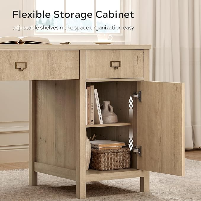 Modern Executive Desk with File Drawers Cabinet,59" Computer Desk with Charging Station, Keyboard Tray, Large Home Office Desk, Farmhouse Wood Desk for Study, Writing, Light Oak